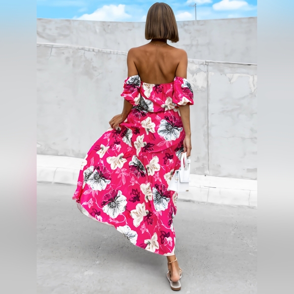 Pleated Floral Off-Shoulder Short Sleeve Midi Dress - Picture 2 of 8